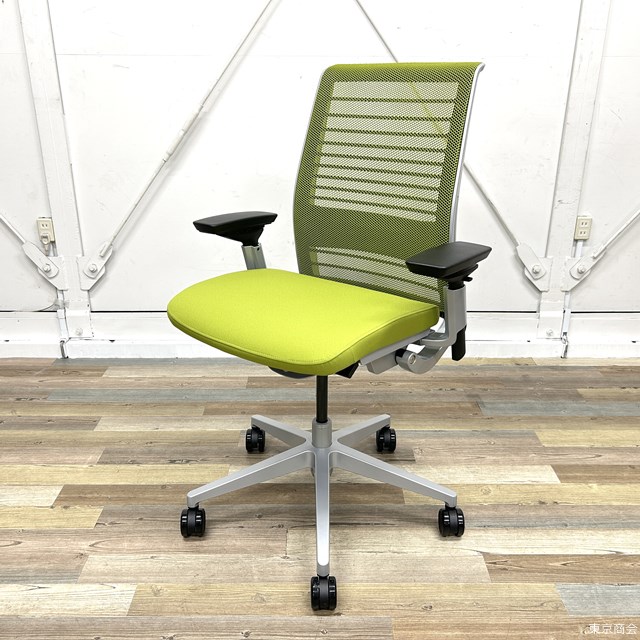 【未使用】Steelcase Think 3Dニット プラチナフレーム アジャスタブルアーム 可動ランバー ワサビ 465A300PAM(J543／5090)【アウトレット】